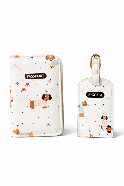 Ecrou Long Dog with Hat Patterned Passport Cover and Luggage Tag