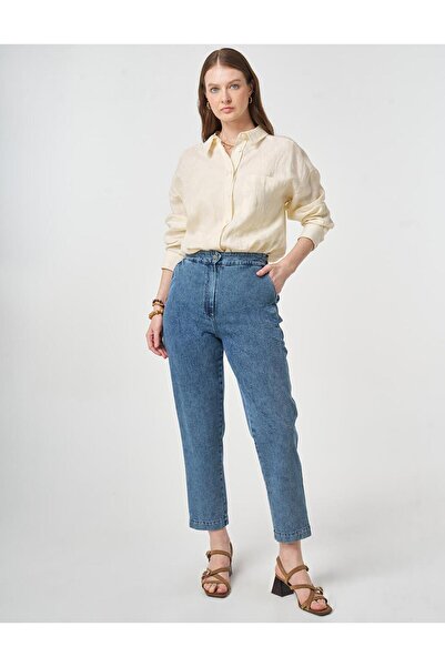 KYR Pantaloni din denim cu talie elastică, lavabili, cu croială morcov, albaștri