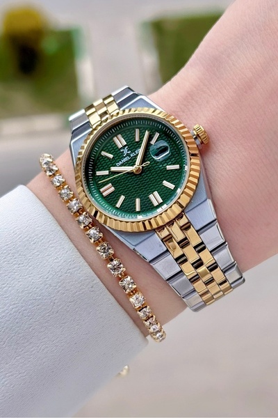 Daniel Klein Dial Green Band Gold Silver Color 30 mm Women Wristwatch and Bra...
