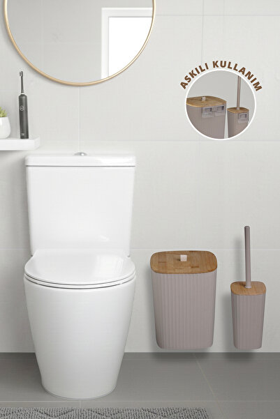 Okyanus Home Safir Yapışkanlı Gerçek Bambu Wc Fırçalık ve Çöp Kovası Seti Viz...