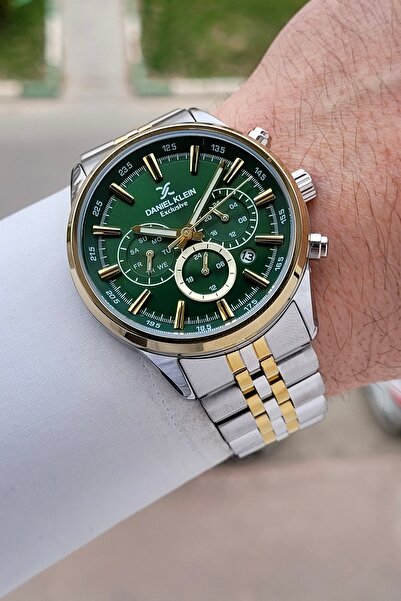Daniel Klein Dial Green Strap Gold Silver Color 43 mm 5 Atm Men's Wristwatch
