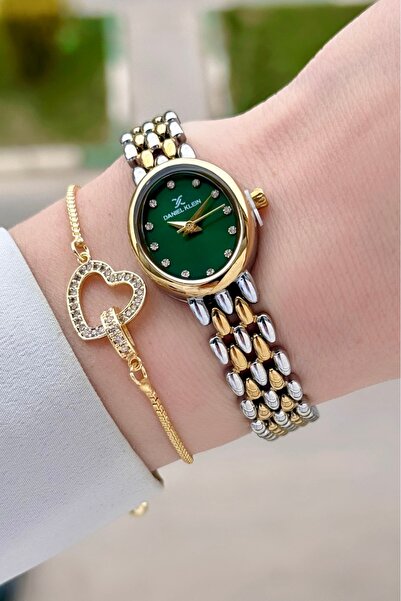Daniel Klein Dial Green Band Gold Silver Color 20.5 mm Women Wristwatch and B...