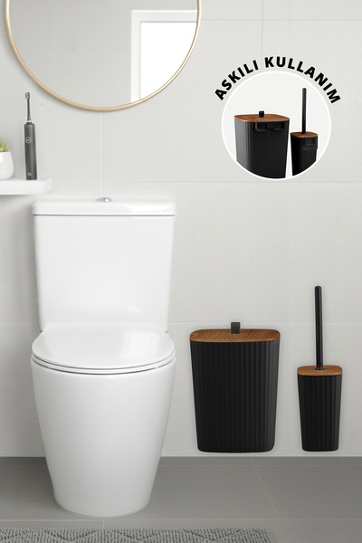 Okyanus Home Sapphire Adhesive Wooden Detailed Wc Brush Holder and Trash Can ...