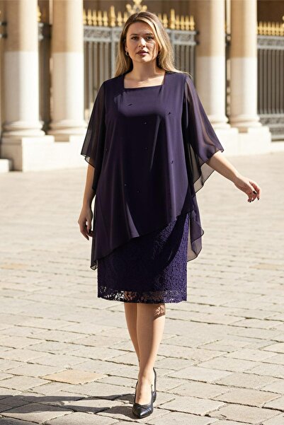 Fahima İncili Şifon Abiye Elbise Mor FHM908