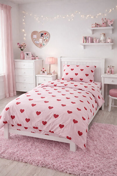 vanillasoft Vanilla Kalpli Pembe Tek Kişilik Nevresim Takımı| Kalpli Çarşaf D...