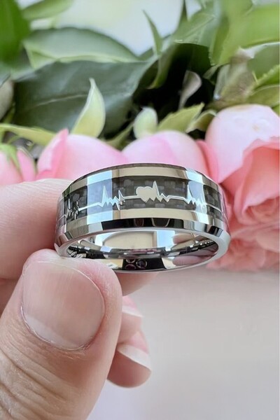 UKHWD SUPPLY خاتم رجالي من الفولاذ 316L على شكل نبضات القلب