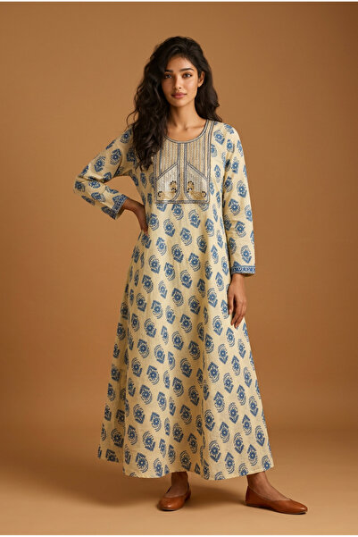 Mabrook Jalabiya 100% قطن - فستان ماكسي نسائي قَصّة على شكل A - جلابية زرقاء ...