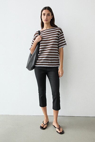 Massimo Dutti Çizgili keten geniş yaka t-shirt