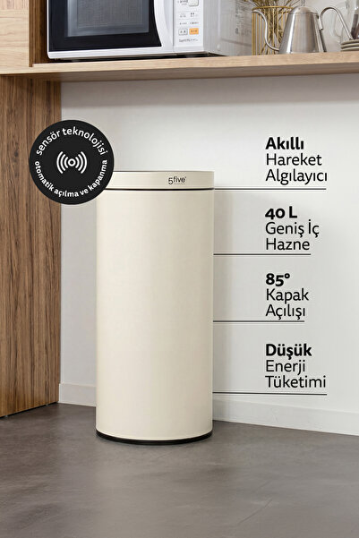 5FIVE Delta 40 L Otomatik Sensörlü Çöp Kovası | Bej, Metal Gövde, Akıllı Hare...