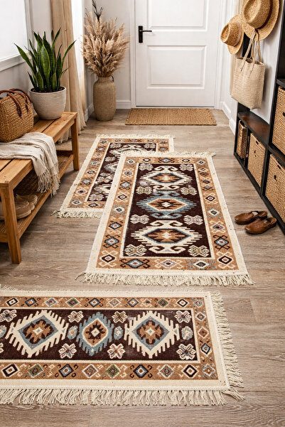 OEM Set de 3 covoare tradiționale, dimensiune 60 x 90 cm, maro și crem, con d...