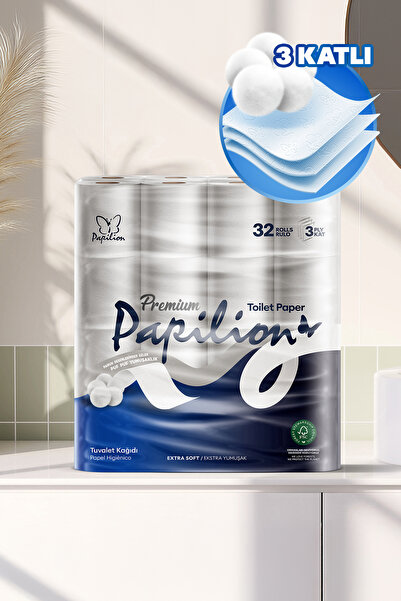 Papilion Premium Tuvalet Kağıdı 3 Katlı 32 Rulo Ekstra Yumuşak, Desenli & Day...
