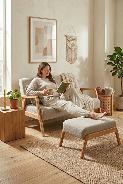 Zem Pavia Çay Seti Natürel Ahşap, Sütlü Kahve (1 ADET IKİLİ BERJER 1 ADET PUF)