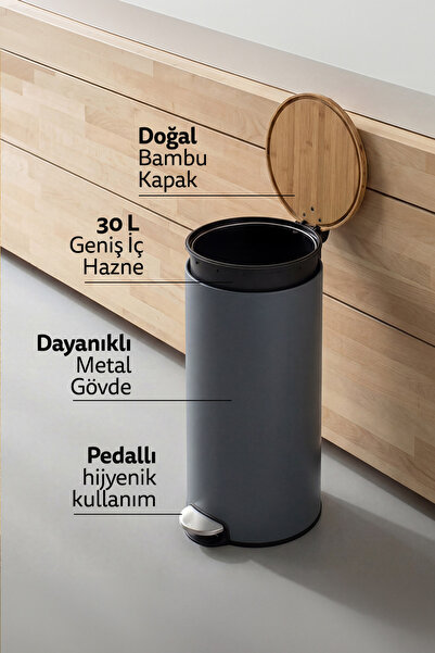 5FIVE Modern Metal Pedallı/Bambu Kapak 30 L Çöp Kutusu