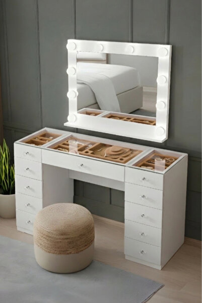 Setay Aynalı Makyaj Masası, Velvet Cam Üst Bölmeli Takı Düzenleyicili Şifonyer