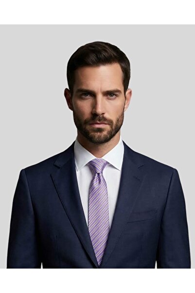 1001 Kravat Lila Çizgili 7,5 Cm Genişliğinde Ipek Kravat