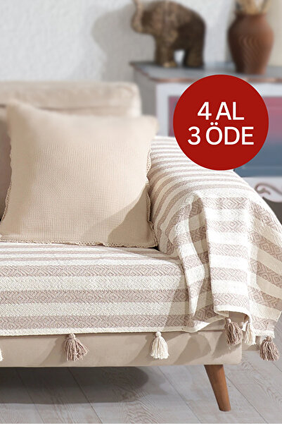 Lux Touch Pera Bej Püsküllü Kolları Örten Koltuk Örtüsü 300x110 cm 3m Battal ...