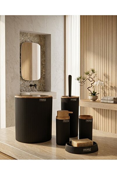Okyanus Home Mina Siyah Ahşap Desenli Çizgili Yuvarlak 5'li Banyo Seti