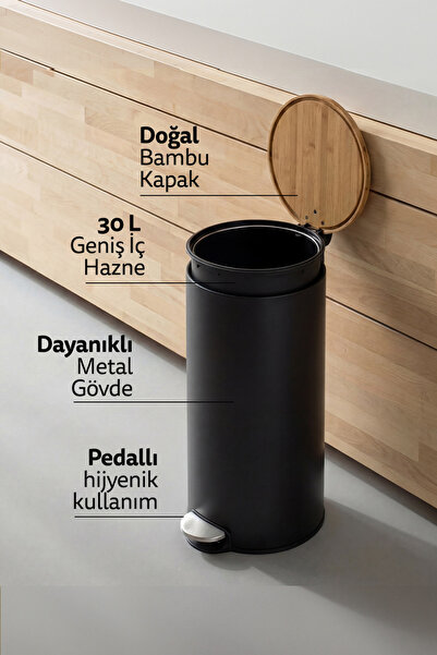 5FIVE Modern Metal Pedallı/Bambu Kapak 30 L Çöp Kutusu