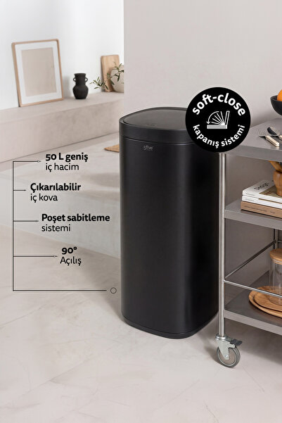 Genel Markalar 5FIVE Round 50 L Metal Pedallı Çöp Kovası Siyah,Büyük Hacim,Ya...