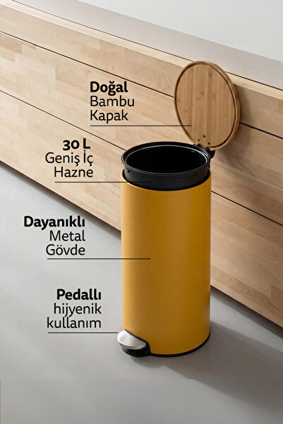 5FIVE Modern Metal Pedallı/Bambu Kapak 30 L Çöp Kutusu