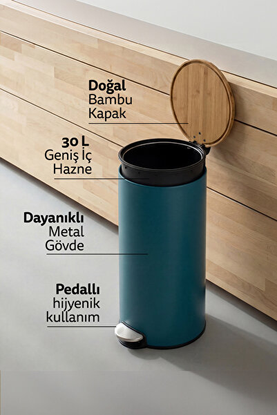 5FIVE Modern Metal Pedallı/Bambu Kapak 30 L Çöp Kutusu