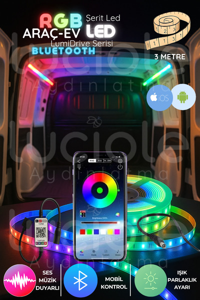luciole LumiDrive 3m RGB Smart LED Şerit – Bluetooth Kontrollü 5050 Çipli, 12...