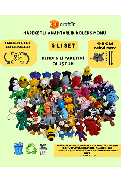 3DcraftTr 3D craftTr Hareketli Eklemli Anahtarlık Koleksiyonu - 5’li Kendin S...