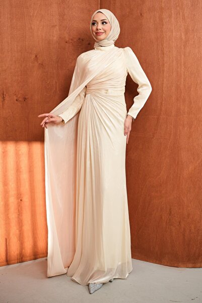 İmajButik Μπεζ βραδινό φόρεμα σιφόν με ντραπέ μπροστά
