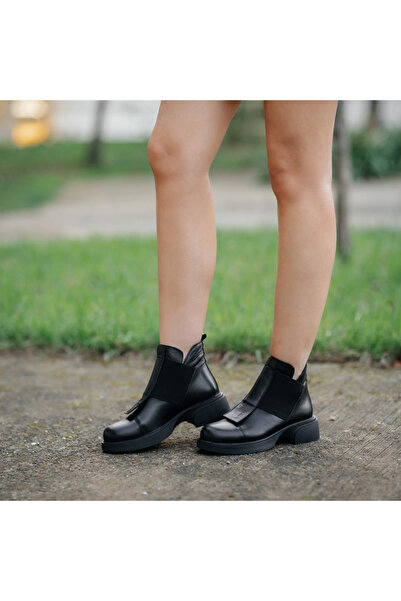 Platin Black Leather Elastic Women's Casual Boots