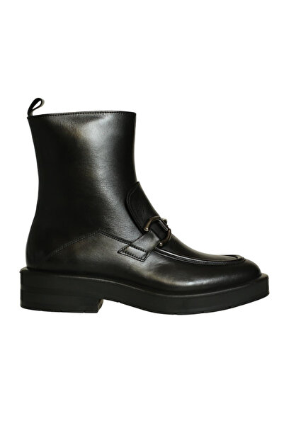 Platin Black Leather Women's Buckle Boots
