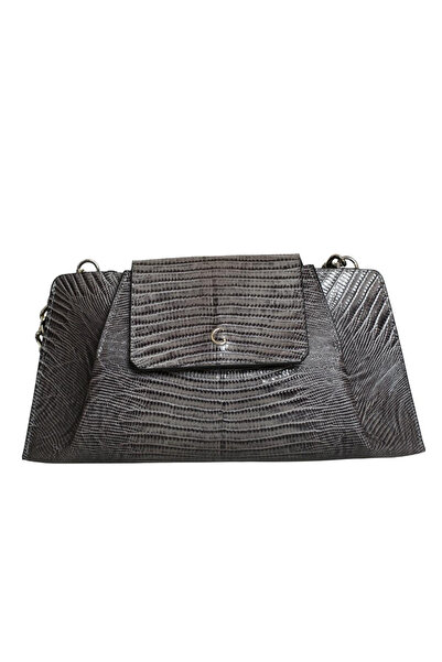 Platin Gray Leather Lizard Print Women's Shoulder Bag