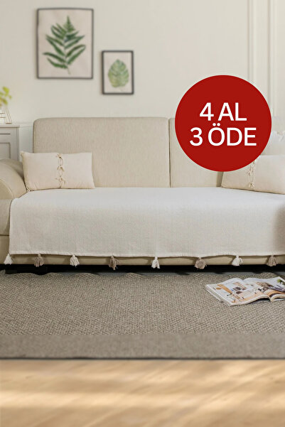 Lux Touch Liva Ponponlu Ekru Koltuk Örtüsü 115 x 200 cm Kanepe Divan Çekyat B...