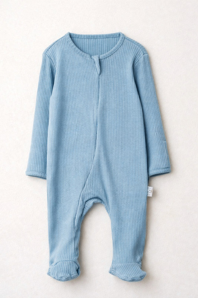 Bubito Gizli Fermuarlı Tam Ayaklı Pamuklu Bebek Tulum-Mavi