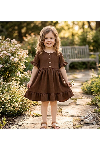 wewe Kısa kol fırfırlı düğmeli kız çocuk elbise