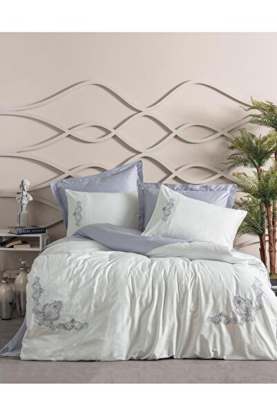 Cotton Box طقم غطاء لحاف مزدوج من الساتان مطرز باللون الرمادي البيانا