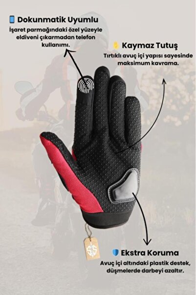 ProBiker Tam Parmak Korumalı ve Nefes Alabilen Dokunmatikli Telefon Uyumlu Motosiklet Bisiklet Motorcu Kurye 4 Mevsim Eldiven/ Kırmızı