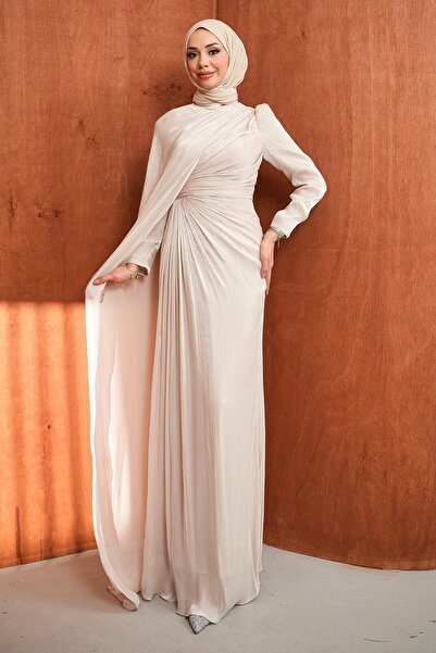 İmajButik فستان سهرة من الشيفون مع ثنيات أمامية من الحجر