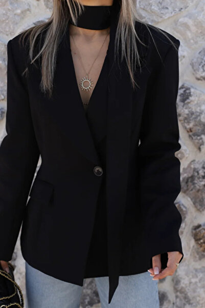 bytugcekaya Black scarf single button blazer jacket