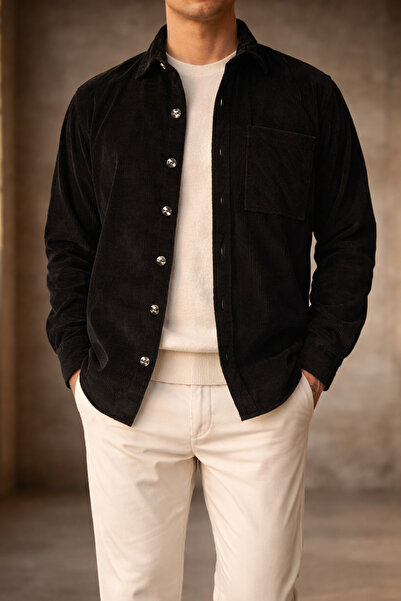 Souris Erkek Siyah Rahat Kalıp Kadife Gömlek