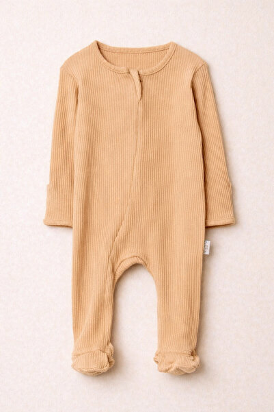 Bubito Full Footed Cotton Baby Romper with Hidden Zipper-Beige
