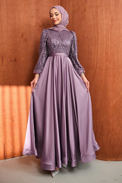 İmajButik Βραδινό φόρεμα από σατέν με κεντημένες λιλά χάντρες