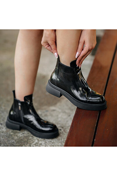 Platin Black Patent Leather Women's Daily Boots
