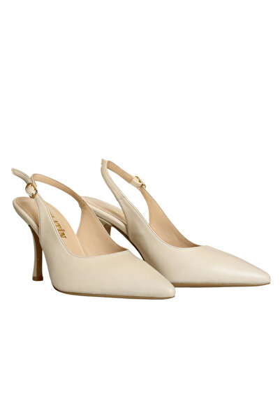 Platin Beige Leather Women's Open Back Heeled Shoes