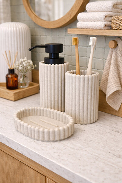 BUCOLIC 3'lü Bej Soft Polyresin Banyo Seti
