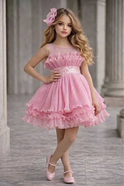By Feyza Kids Collection By Feyza Κοριτσίστικο ροζ κοντό βραδινό φόρεμα με πα...