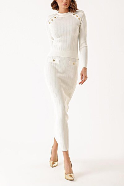 SOCIETA Ekru Düğme detaylı kazak ve etekli takım 28852