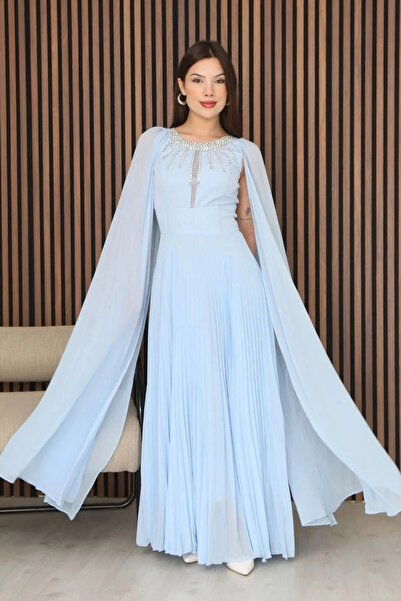 lodmela Pelerin Kollu Taş İşlemeli ve Bel Detaylı Abiye Elbise 2256-Bebe Mavisi