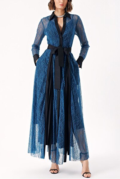 SOCIETA Mavi PLİSELİ DANTELLİ UZUN GÖMLEK ELBİSE 94305
