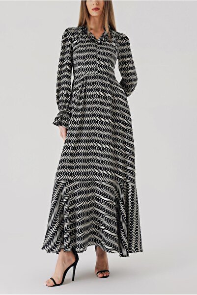 SOCIETA Siyah Beyaz Kolları ve yakası fırfır detaylı uzun elbise 94413