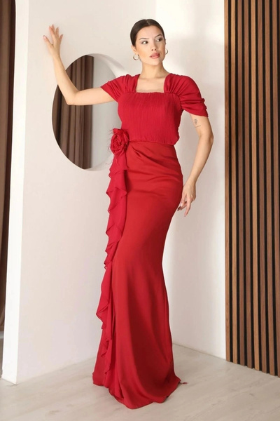 lodmela Piliseli ve Şifon Detaylı Uzun Abiye Elbise 2391-Kırmızı